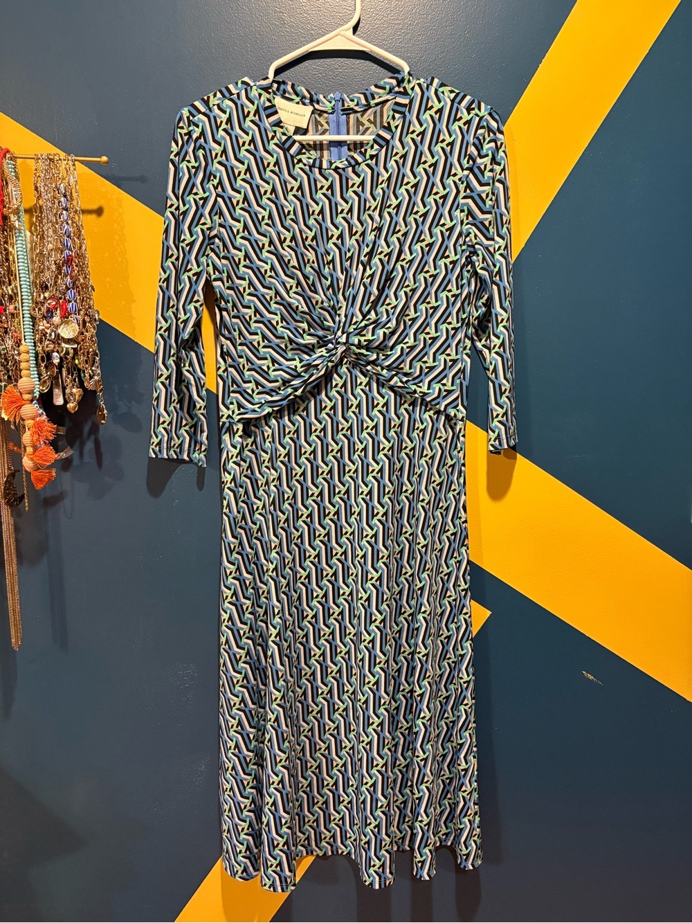Donna Morgan Multicolor Geometric Print Twist Front Long Sleeve Midi Dress NWOT